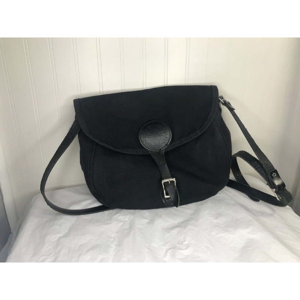 DULUTH PACK Black Canvas & Leather Trim Shell Crossbody Bag Purse Buckle Flap LG